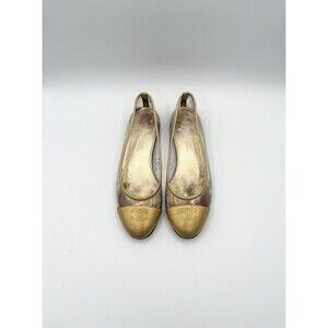 Chanel Gold Leather & Perforated PVC CC Logo Cap Toe Ballet Flats Size EU 36.5